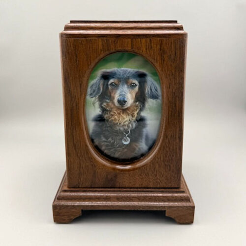 Walnut Pet Urn with Oval Photo Opening - 65 ci