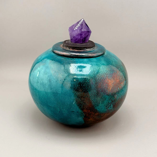 Blue Raku Urn with Amethyst Handle (BR1) - Image 3